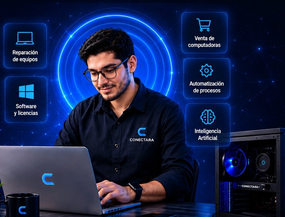 Profesional de CONECTARA trabajando con tecnología, rodeado de soluciones de reparación, software, automatización e inteligencia artificial