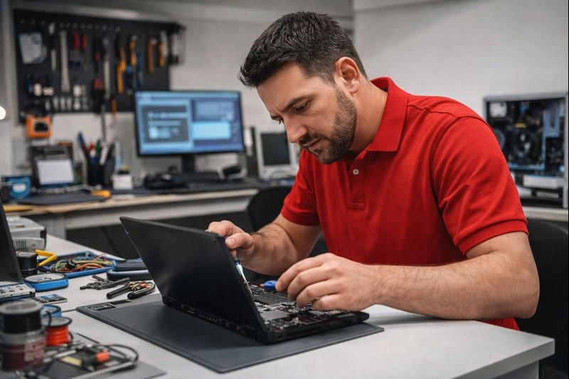 Técnico reparando equipo de cómputo en taller